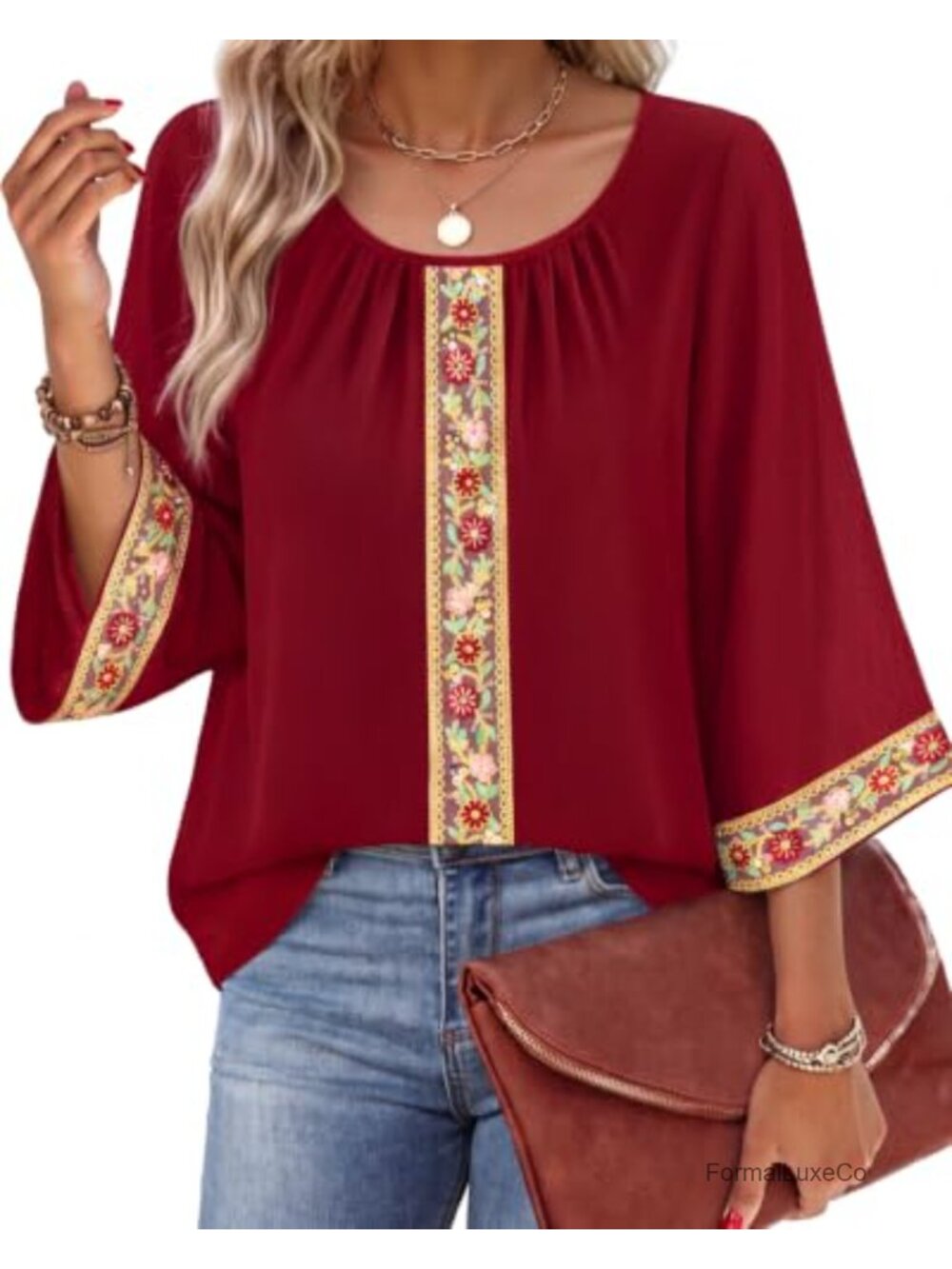 Womens Embroidered Chiffon Blouse 3/4 Bell Sleeve Crew Neck Vintage Top
